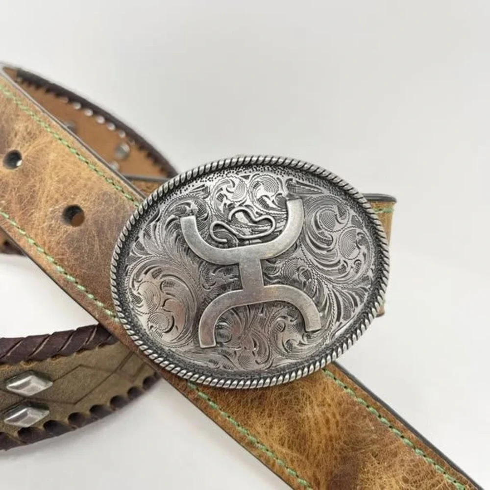 Hooey Western Belt‎ Youth Boys 24 Brown Leather Silver Buckle Green Stitch Rodeo